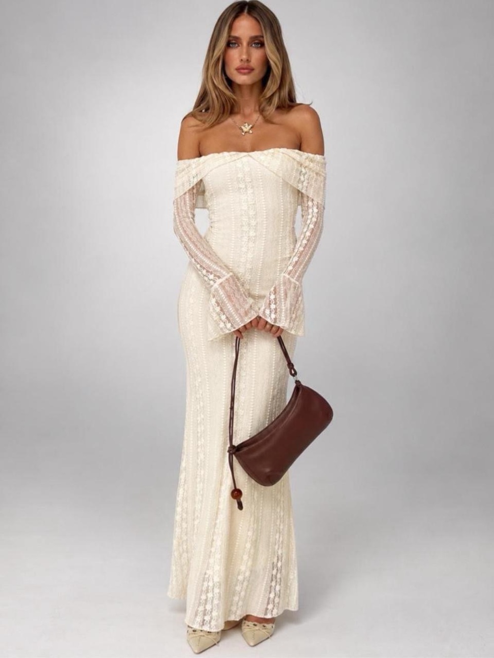 Princess Polly Off-Shoulder Cream Lace Maxi Dress